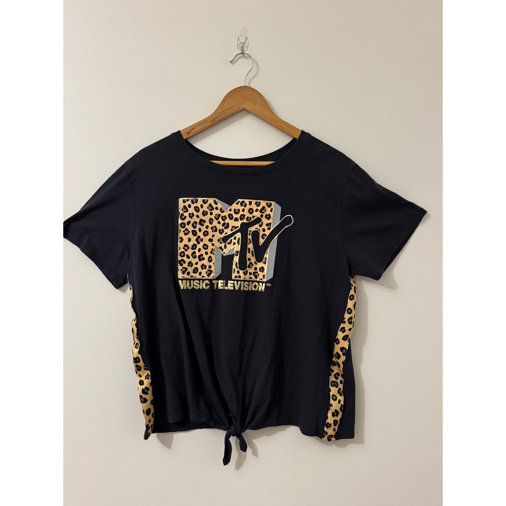 MTV Leopard Logo Tie Front Graphic Tee Black Side Panel Top 2XL Y2K Style - Picture 3 of 7